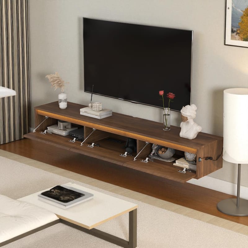 Floating High Gloss Wall Mounted TV Stand with LED Lights, USB Ports and Power Outlet for 60 to 69 Inch TVs