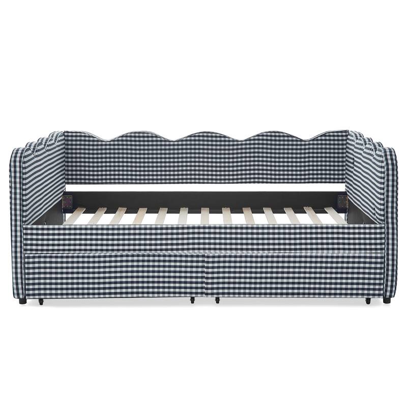 Full Size Upholstery Daybed with 2 Storage Drawers and USB Port, Linen Fabric Sofa Bed with Plaid Pattern and Wavy Silhouette