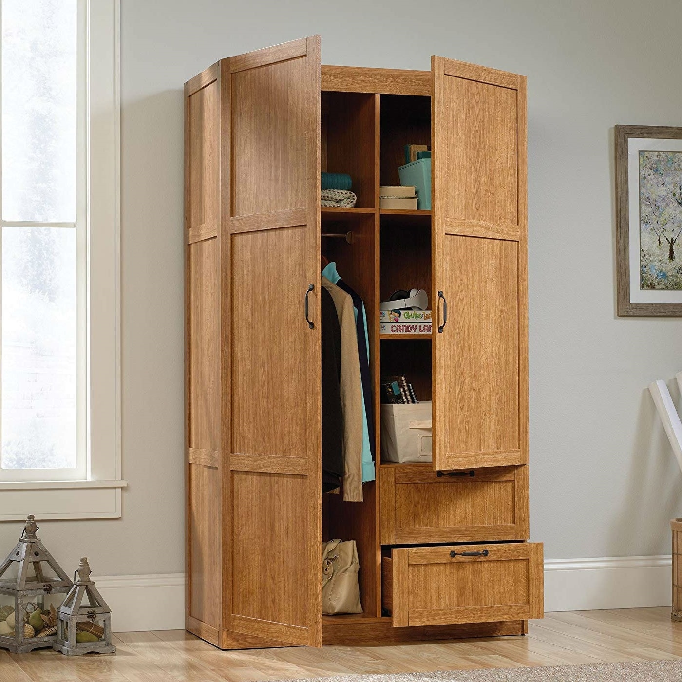 Bedroom Wardrobe Cabinet Storage Closet Organizer in Medium Oak Finish - 40W x 19.4D x 71.1H - Brown
