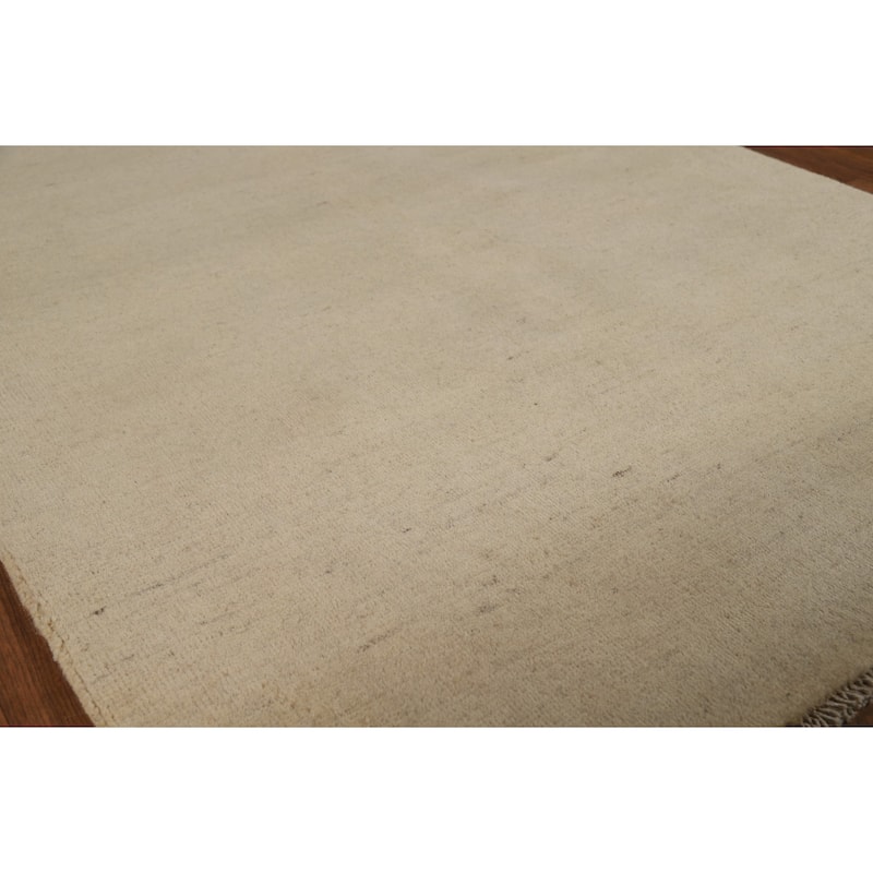 Solid Beige Gabbeh Modern Rug Hand-Knotted Wool Carpet - 4'1"x 5'8"