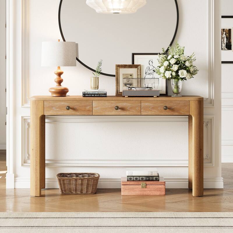 Rustic 52" Console Table with Drawers and Curved Legs for Entryway or Living Room Decor - Natural