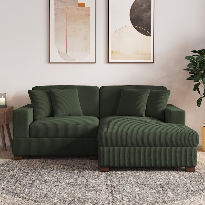 Modern L-Shaped Corduroy Modular Sectional Couch Sofa with Pillows - Green-L - Right Facing