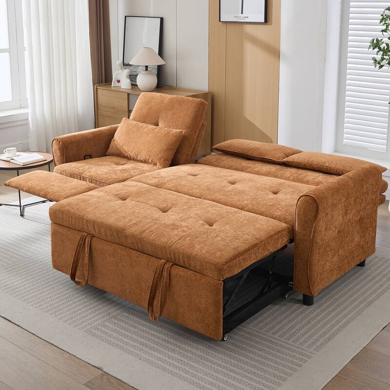 82" 2-in-1 Orange Chenille Three-seater Sofa with Sofa Bed, Reversible Recliner & USB Ports