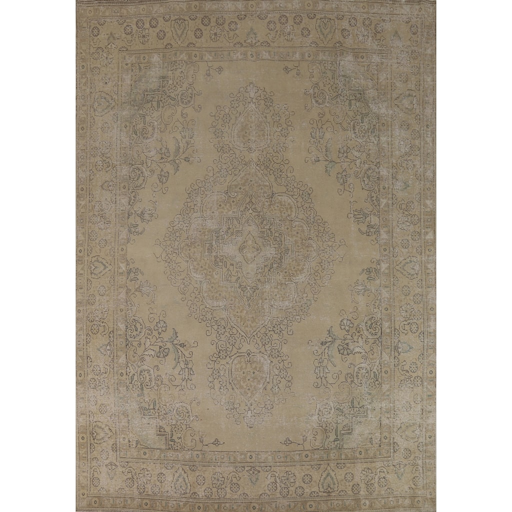 Tabriz Persian Vintage Area Rug Handmade Traditional Beige Wool Carpet - 9'6"x 12'10"