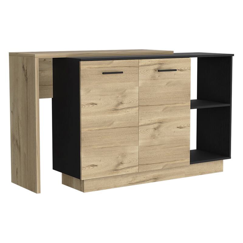 Kitchen Island, Double Door Cabinets, Two External Shelves, Three Shelves - Black
