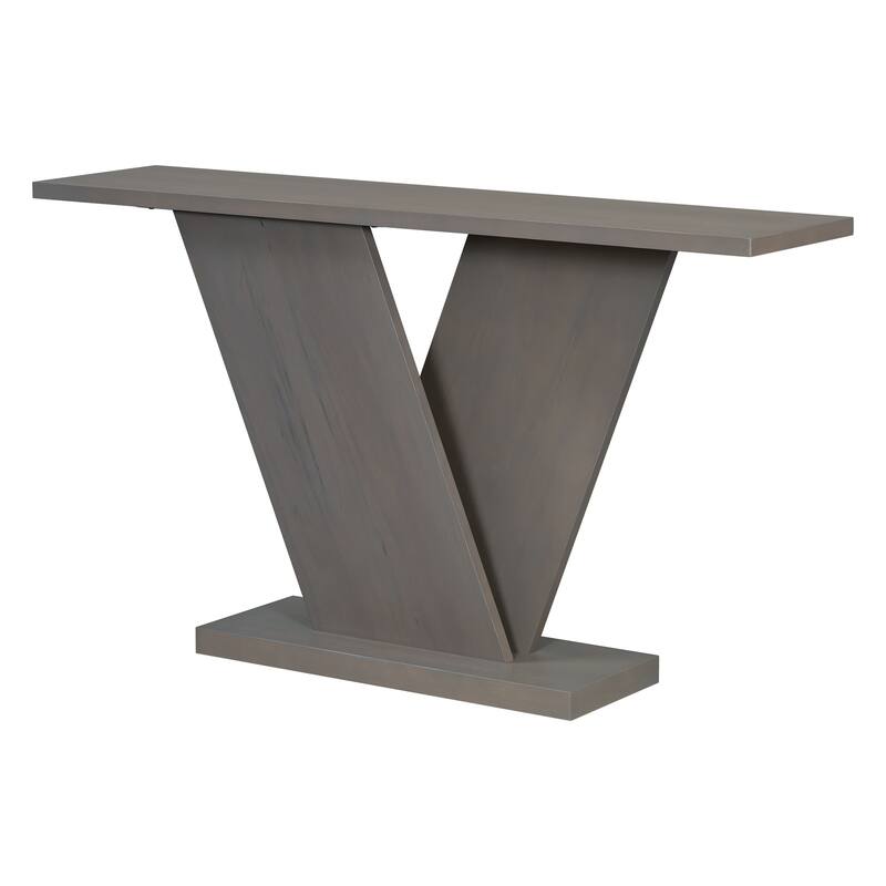 59.8" MDF Console Table With Natural Wood Veneer with V-Shaped Base for Living Room