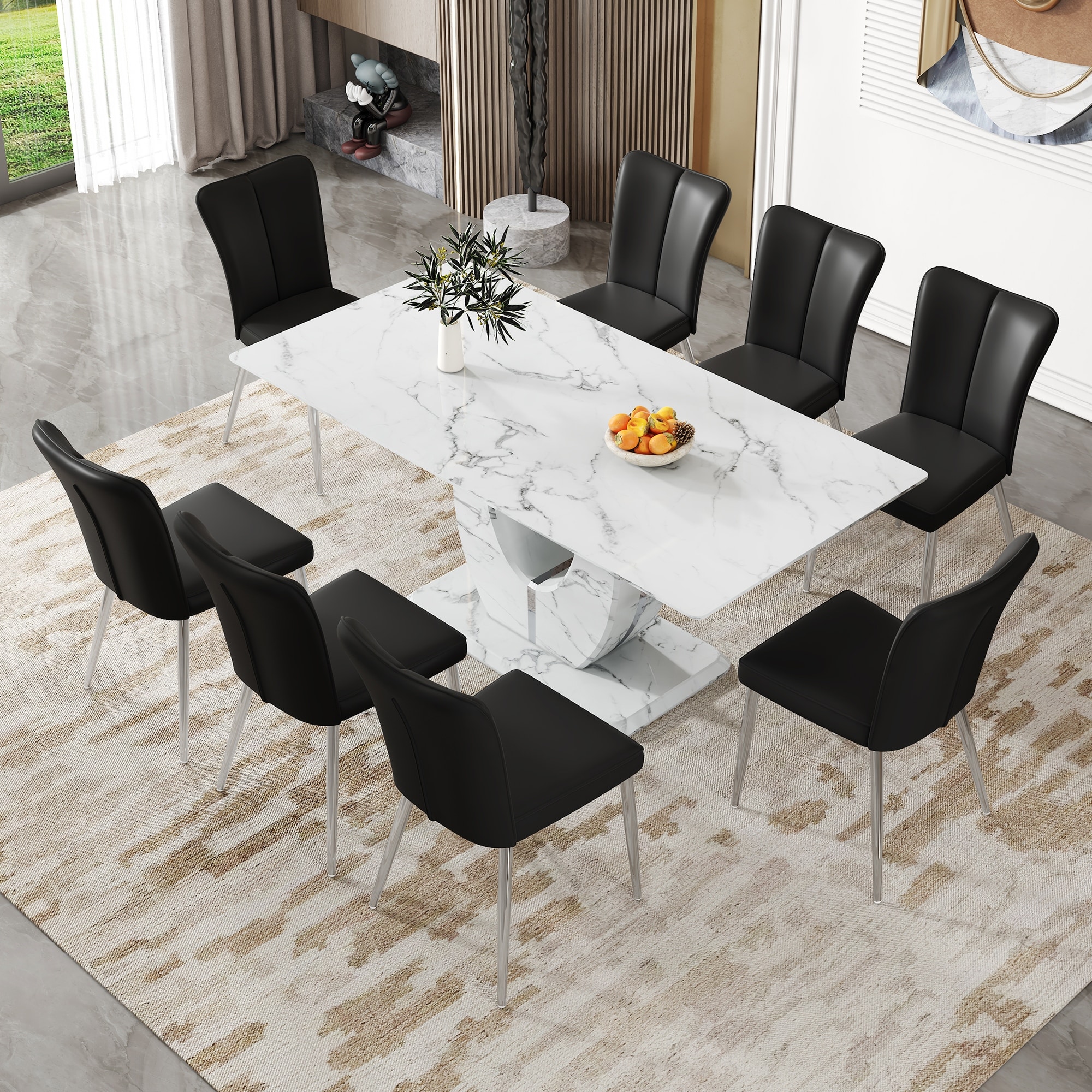 Modern 9-Piece Dining Table Set with Black PU Dining Side Chairs