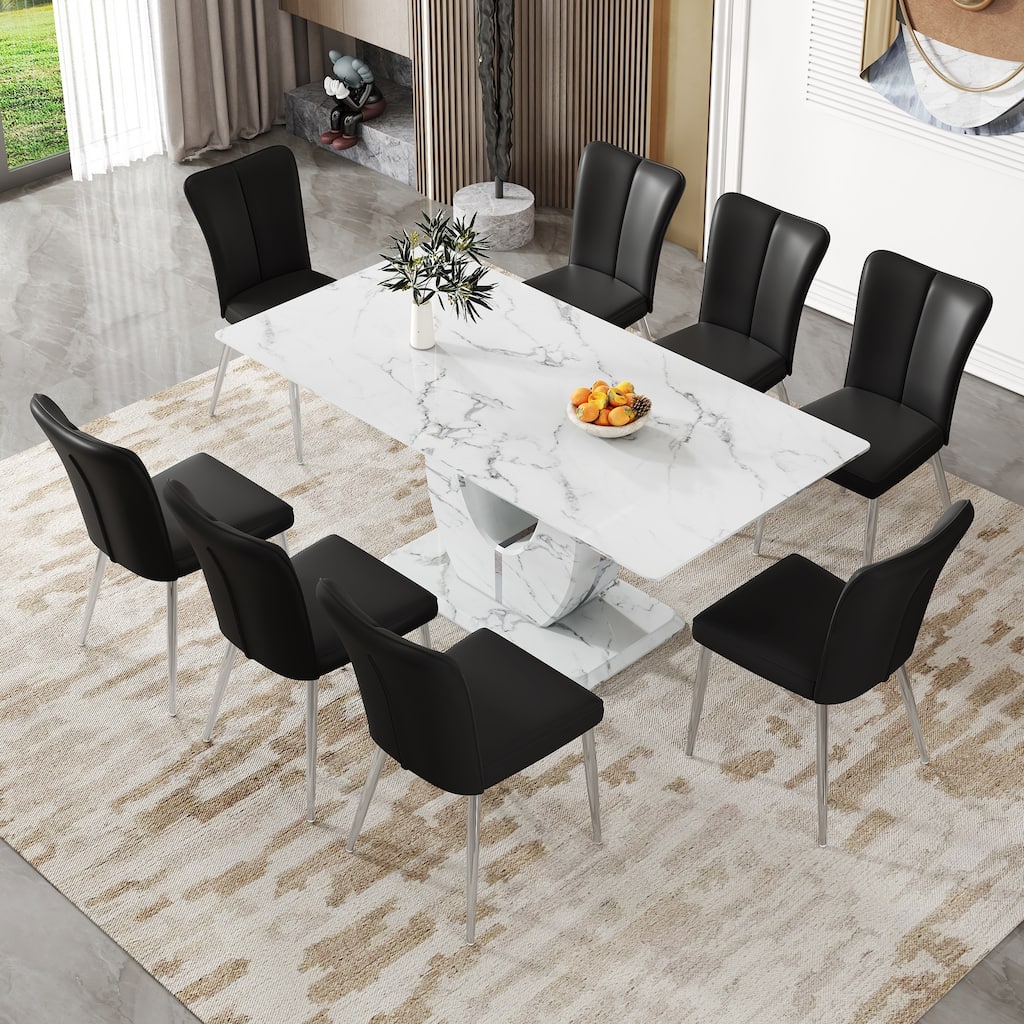Modern 9-Piece Dining Table Set with Black PU Dining Side Chairs