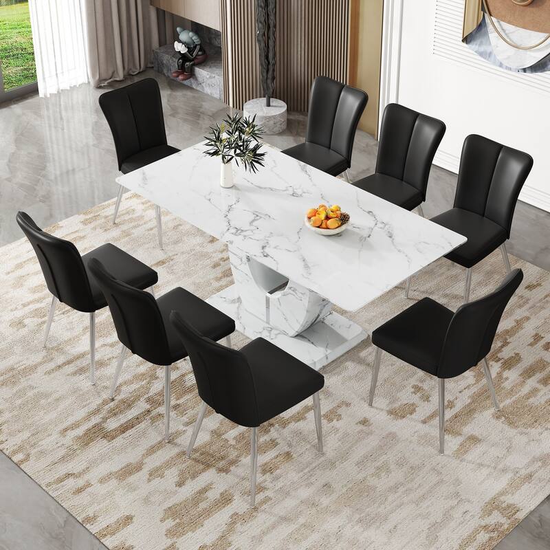 Modern 9-Piece Dining Table Set with Black PU Dining Side Chairs - Black Silver