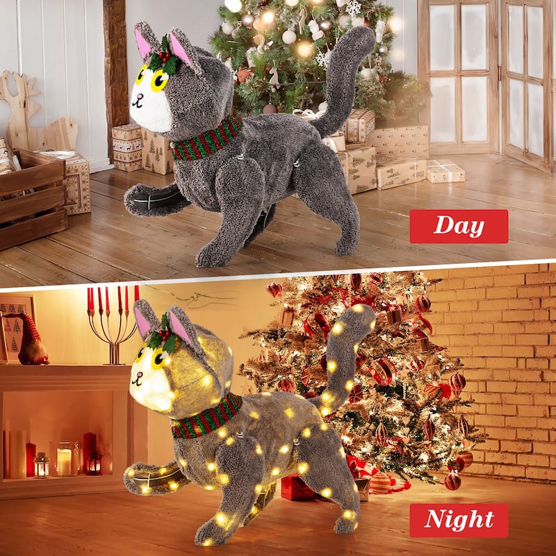 Gymax Lighted Christmas Cat w/ 88 LED Lights 4 Ground Stakes Cable - Multi - See Details