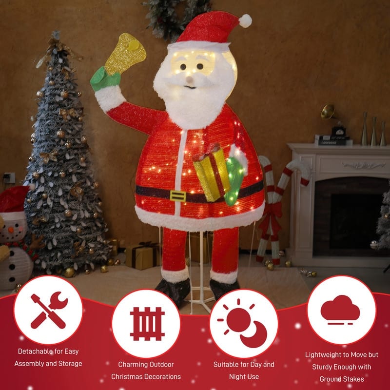 6FT Lighted Santa Claus Holding Bell Christmas Yard Decorations for Xmas Outdoor Holiday Indoor Decor Lighted Holiday Displays