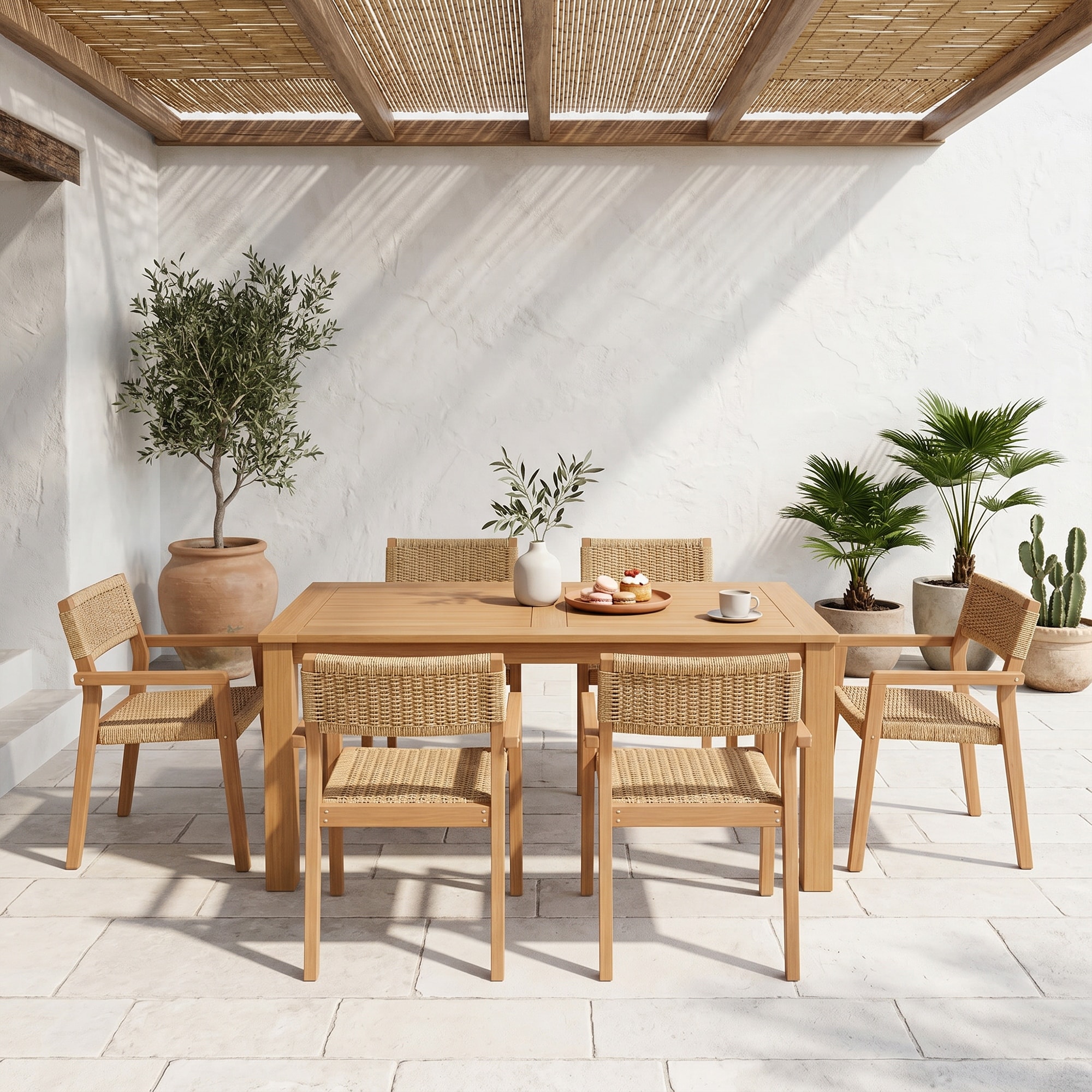 7-Piece Outdoor Dining Set Acacia Wood Twisted Wicker Weave Stackable Arm Chair and Table With Natural Vintage Wood Grain