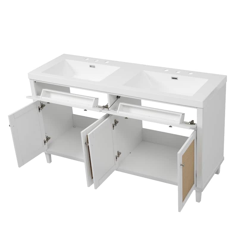 Christopher Knight Home - Bellmere 60" Modern Double Sink Bathroom Vanity with SMC Sink, Soft-Close Storage, and Solid Wood Legs