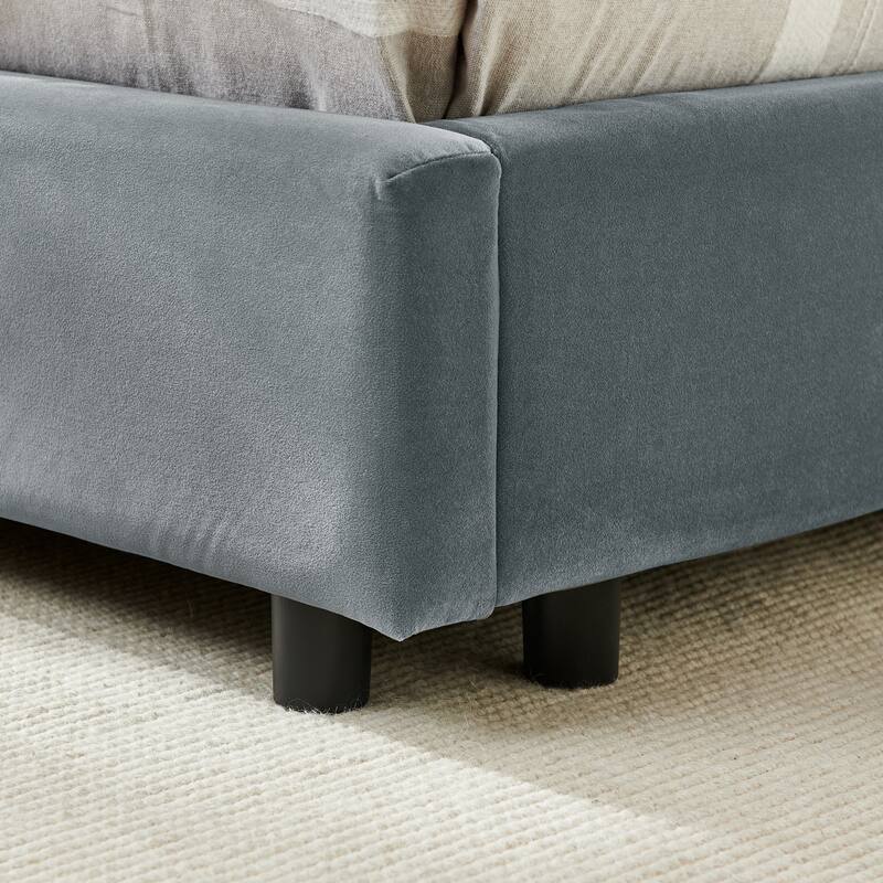 Tufted Upholstered Sofa Bed Frame with L Shaped Backrest and Armrests, Full Size Velvet Fabric Daybed, Wood Slats Support