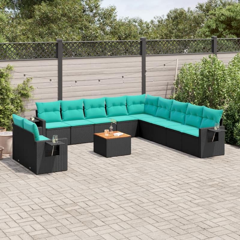 vidaXL 12 Piece Patio Sofa Set with Cushions Black Poly Rattan - 24.4 x 24.4 x 27.2