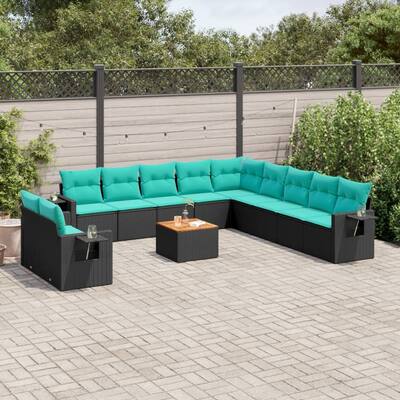 vidaXL 12 Piece Patio Sofa Set with Cushions Black Poly Rattan - 24.4 x 24.4 x 27.2
