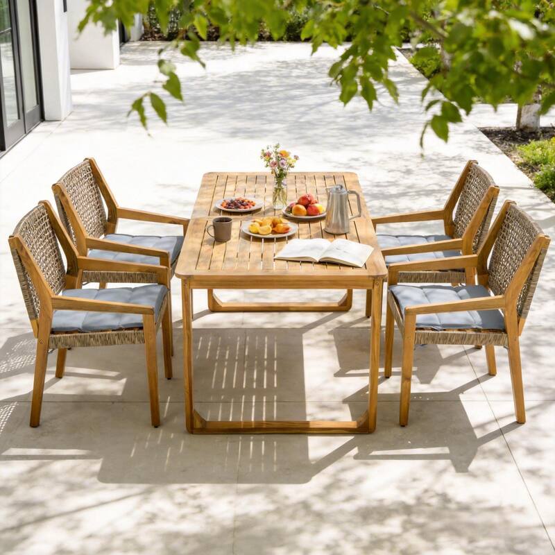 Christopher Knight Home - Ronan Outdoor Acacia Wood Dining Set with Wicker Back Chairs & Curved Leg Dining Table, Teak Finish