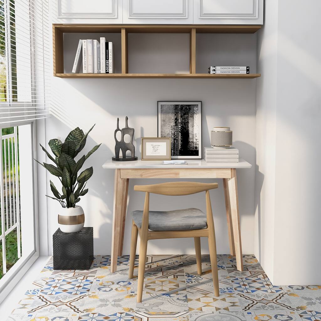 Desk with Glossy Top, Classic Study Desk with Solid Rubber Wood Legs