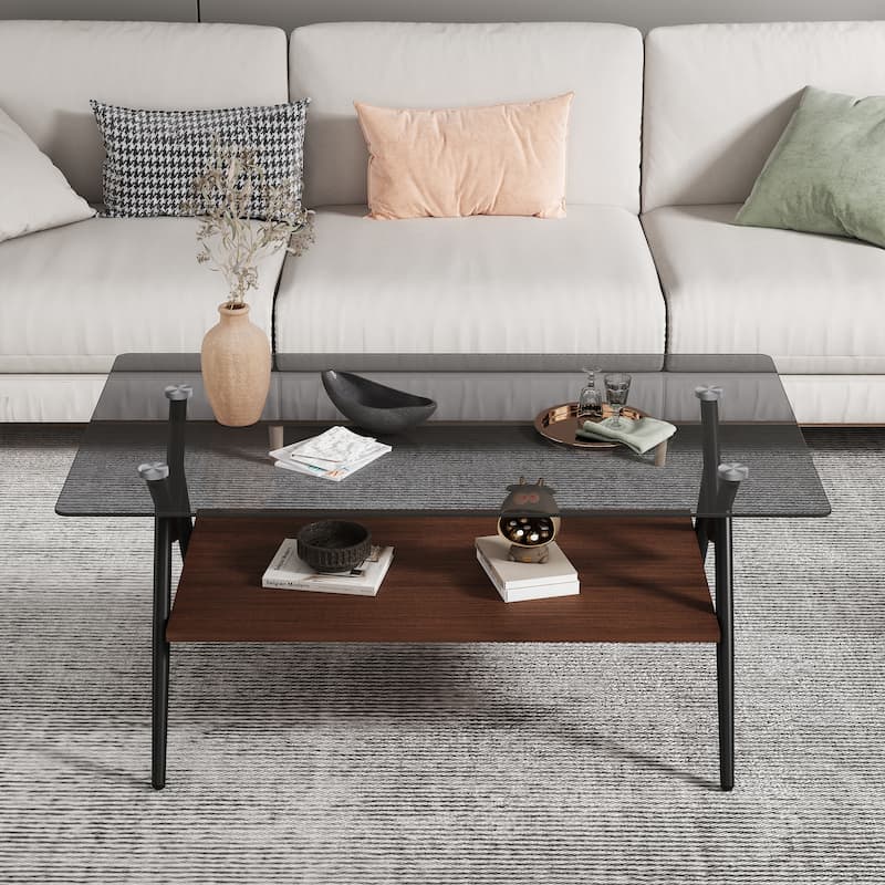3-Piece Set, Modern Coffee Table Tempered Glass Coffee Table with 2-Tier Storage Shelves, for Living Room
