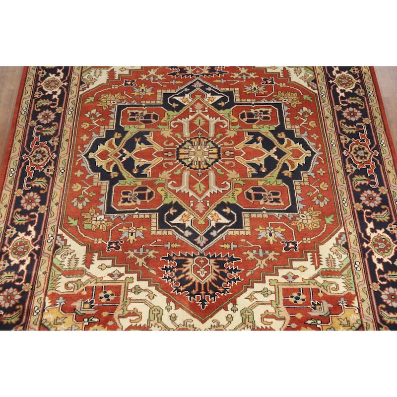 Orange Medallion Heriz Serapi Indian Area Rug Handmade Wool Carpet - 8'10" x 11'9"