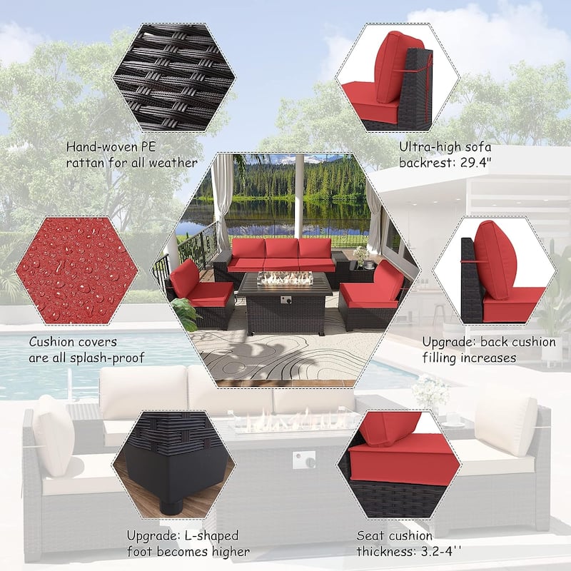 Delnavik 7 Pieces Rattan Outdoor Patio Furniture Sofa Set with Firepit - 7 pcs