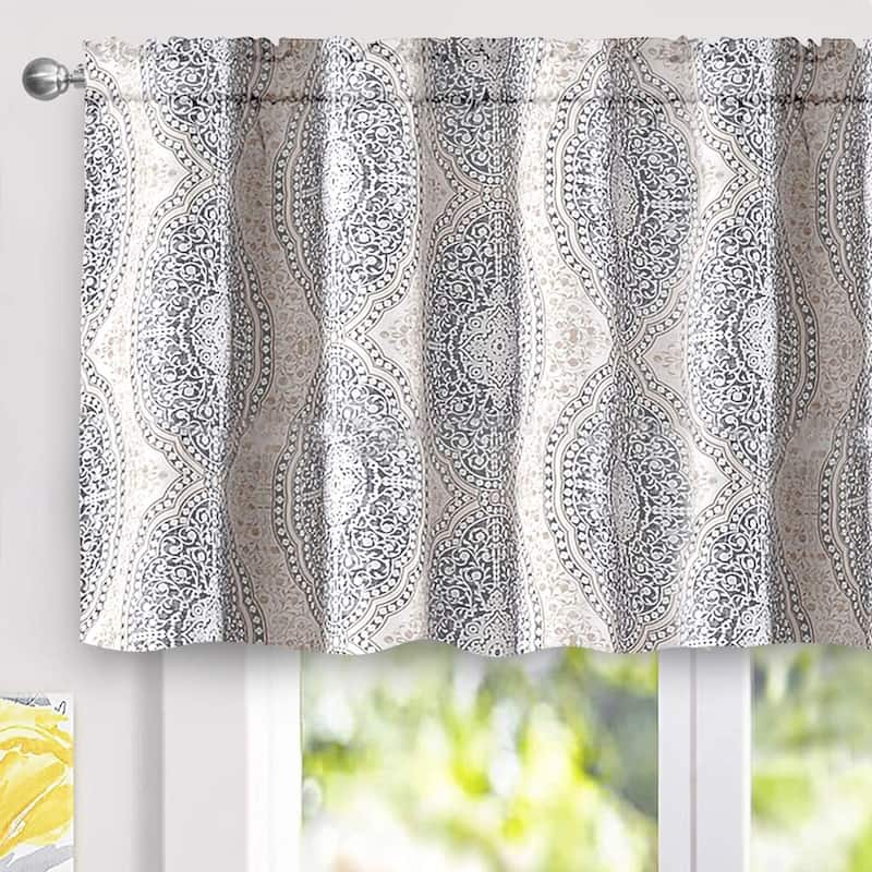 DriftAway Adrianne Damask and Floral Pattern Window Curtain Valance - 52'' width x 24'' length - 52" width x 24 " length - Beige Gray