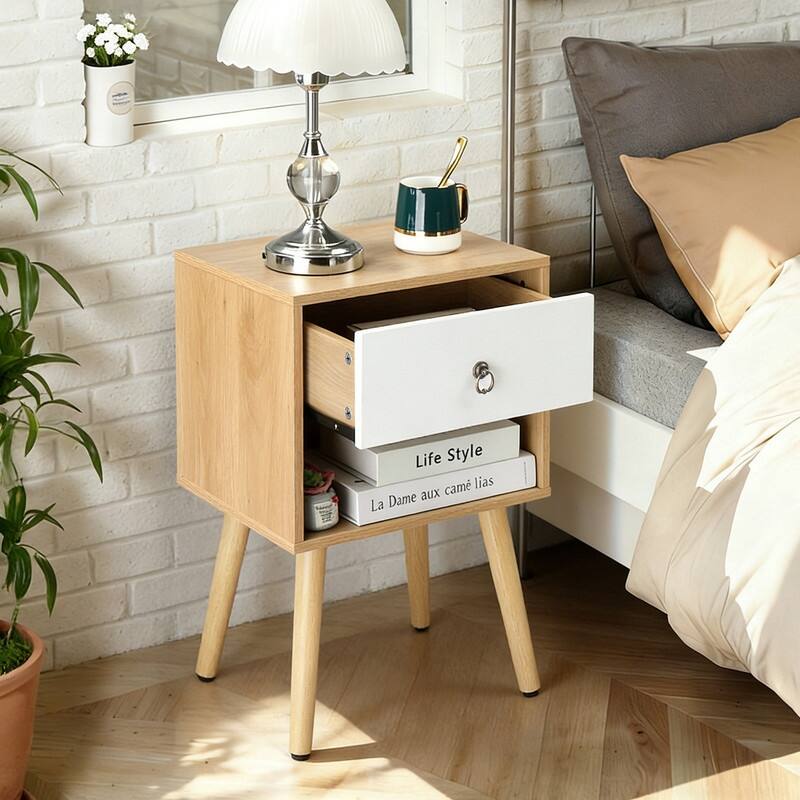 15.0" White & Oak Nightstand, P2 Particleboard & Solid Legs, Matte Melamine, Ring Handle, 1 Drawer