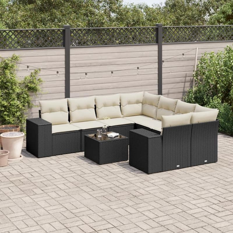 vidaXL Patio Sofa Set with Cushions Outdoor Furniture 9 Piece Poly Rattan - 21.7 x 21.7 x 14.6 - Black and cream