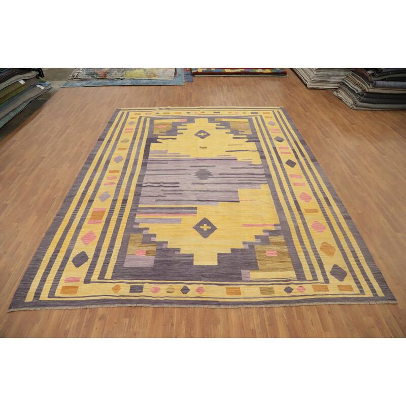 Hand Woven Oriental 100% Wool Carpet Southwestern Tribal Yellow & Gold Kilim Area Rug - 12' 8'' X 10' 2''