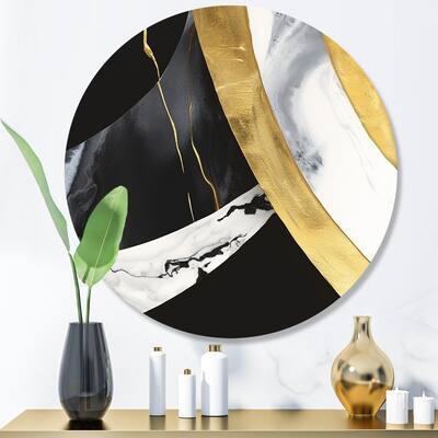 Designart "Black And Gold Harmony Of Marble IV" Abstract Marble Metal Round Wall Art