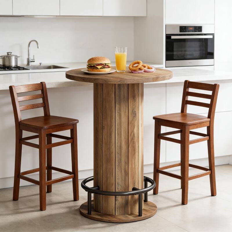 Round Bar Table with Fence-Style Base, Wood Cocktail Table Pub Table with Footrest, Coffee Table Kitchen Dining Table