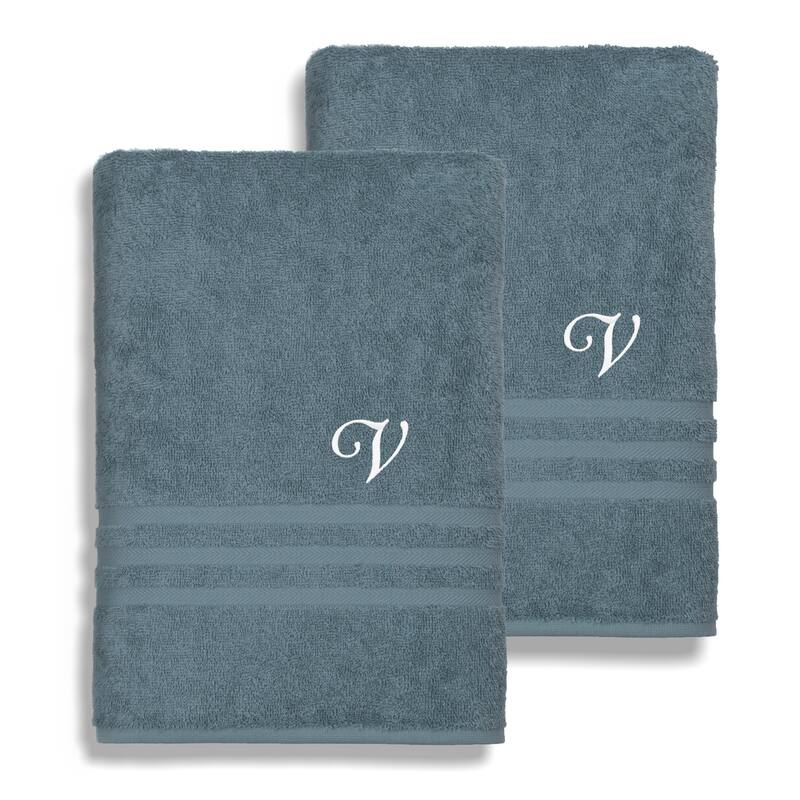 Authentic Hotel and Spa Omni Turkish Cotton Terry Set of 2 Medium Blue Bath Towels with White Script Monogrammed Initial - V