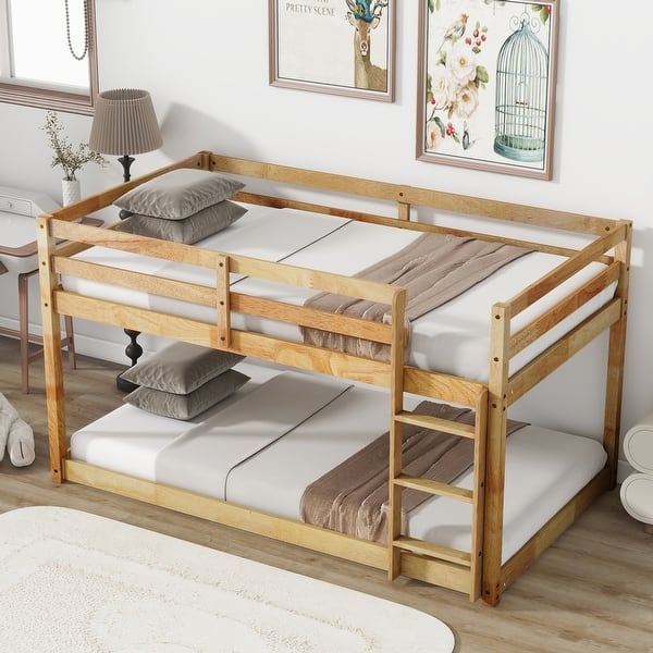 slide 2 of 8, Twin Over Twin Solid Rubber Wood Loft Bed with Ladder and Sturdy Slats, Space-Saving Design for Kids' Bedrooms, Natural Natural