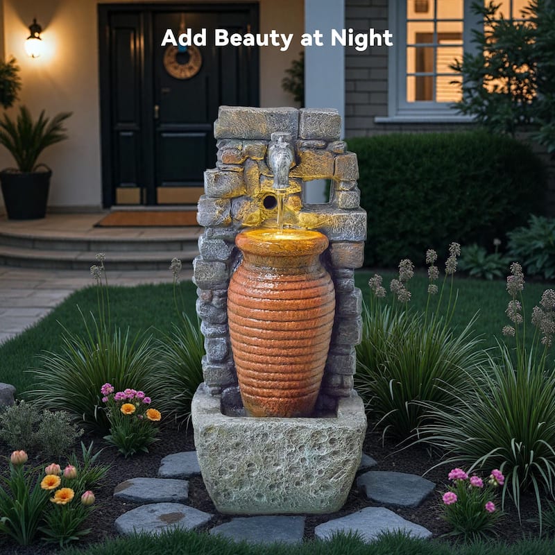 Outdoor 2-Tier Hand Crafted Polyresin Rustic Jar and Stone Wall Weather Resistant Fountain – Vbal