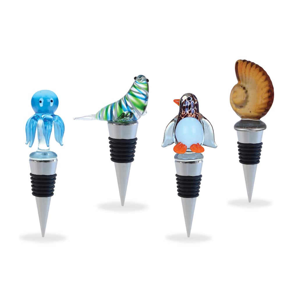 Cheers Sea Shell, Seal, Penguin, Octopus Glass Wine Stopper Set of 4 - 6 Lx1.5 Wx4.75 H inches