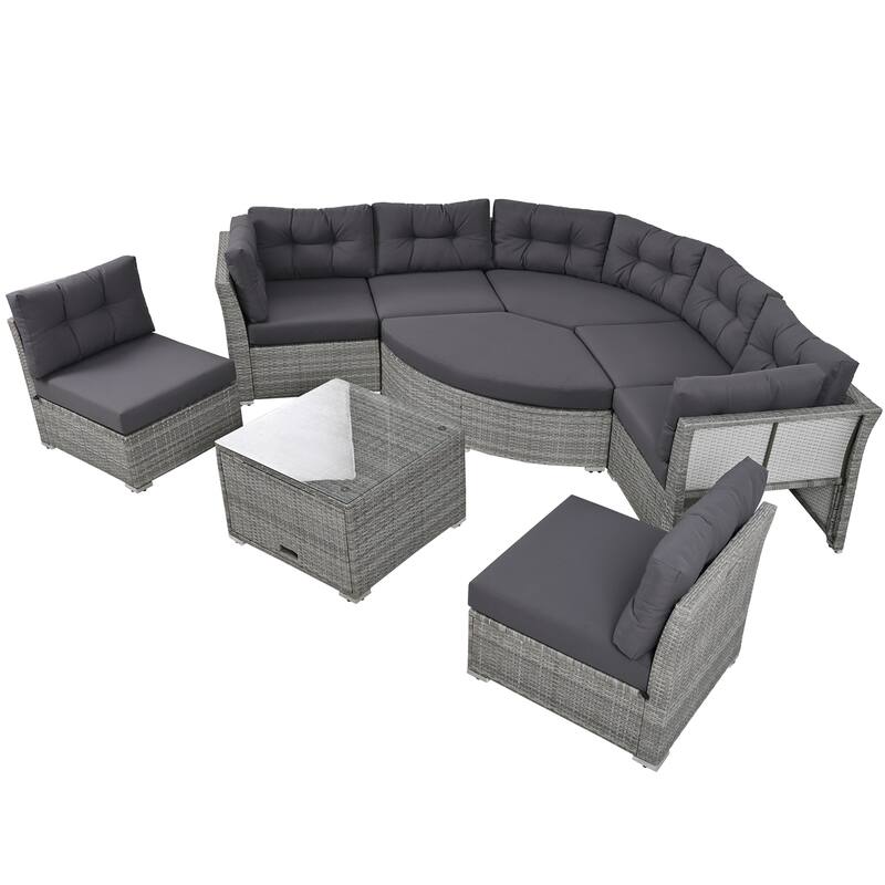Outdoor Patio Rattan Sectional Set w/ Cushions & Table, Daybed Seating