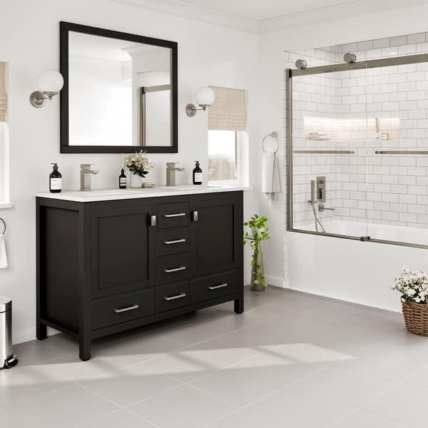 slide 2 of 7, Eviva London 48"W x 18"D Espresso Double Sink Bathroom Vanity with White Carrara Quartz Vanity Top - 48"