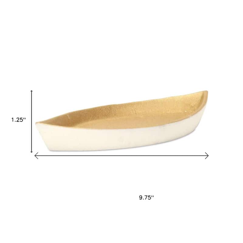 HomeRoots 10" Gold And Off White Cast Iron Oval Boat Shaped Tray - 9.75 in. x 1.25 in. x 4.25 in.