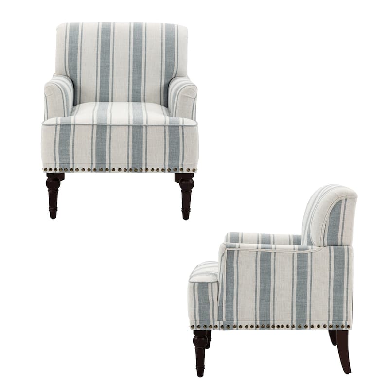 2 Set Linen Upholstered Armchairs Nailhead Trim Accent Chairs with Wooden Legs