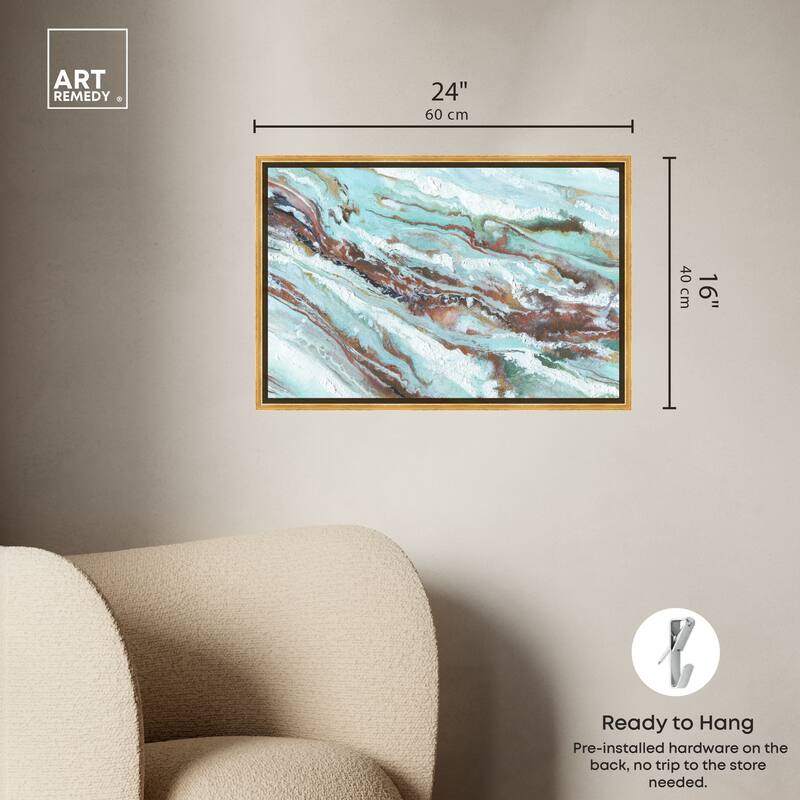 Art Remedy Mint Waves Framed Blue Abstract 1 Piece Canvas Wall Art
