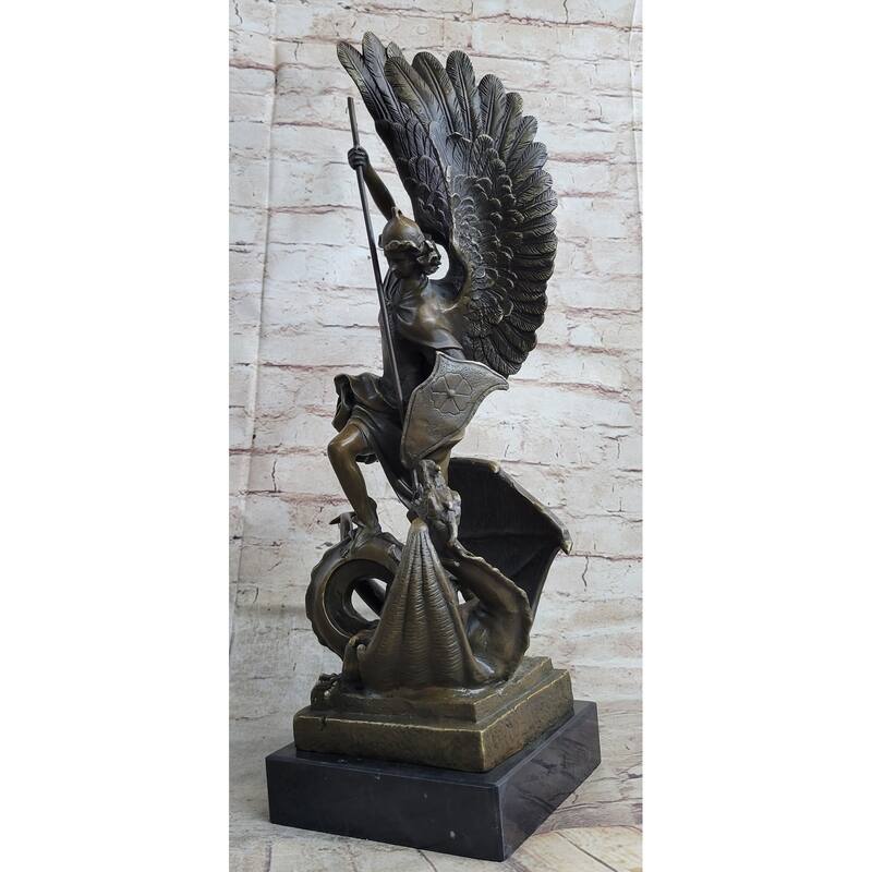 Signed Saint George Killing Dragon Bronze Sculpture Art Statue Figure Figurine