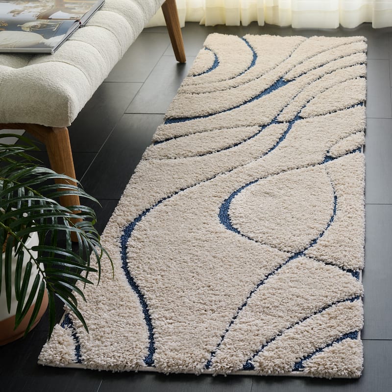 SAFAVIEH Florida Shag Staka Abstract Waves 1.2-inch Area Rug - 2'3" x 11' Runner - Cream/Blue