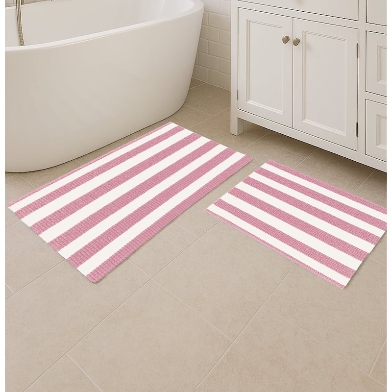 Large 2 Piece Set Pink White Stripe Soft Cozy Plush Chenille Bath Mat Bathroom Rug - Pink & White