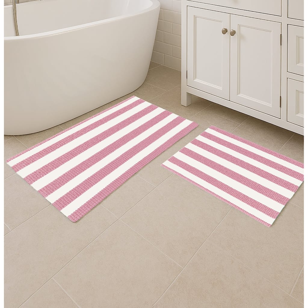 Large 2 Piece Set Pink White Stripe Soft Cozy Plush Chenille Bath Mat Bathroom Rug