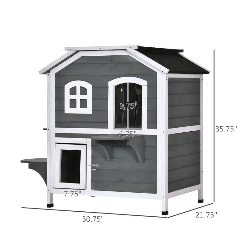 PawHut 2-story Cat House Outdoor, Weatherproof Wooden Cat Enclosure for Feral Cats with Escape Door, Openable Roof