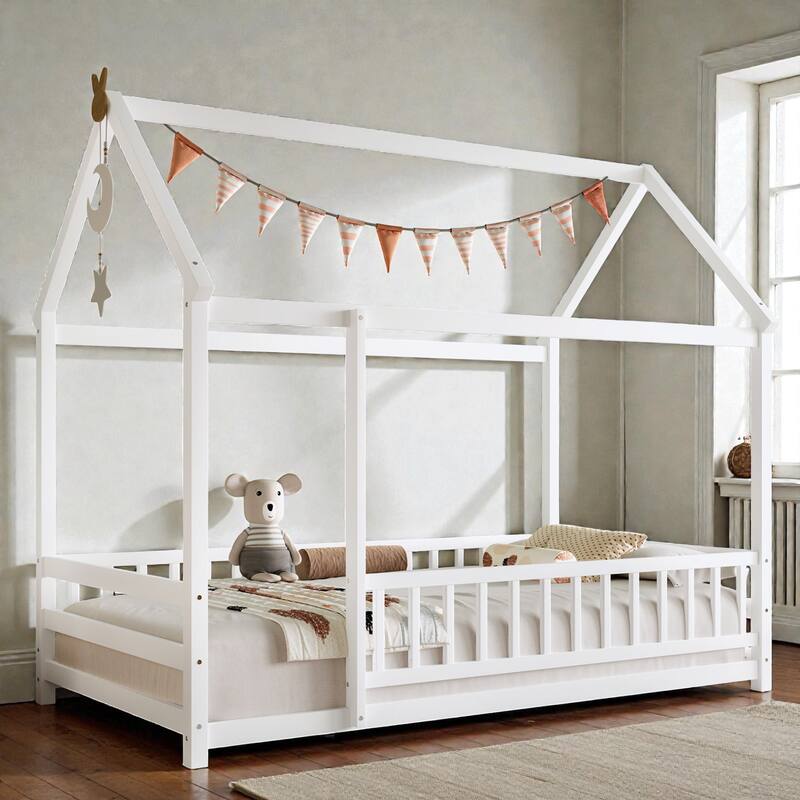 Wooden House Frame Floor Bed with Roof, Fence Guardrails, Pine Wood Kids Platform Bed for Bedroom