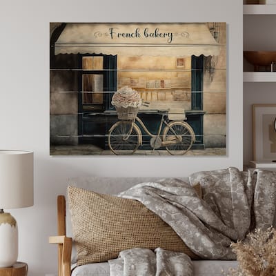 Designart 'Bicycle In Front A French Bakery IV' Bicycle On The Beach Wood Wall Art - Natural Pine Wood