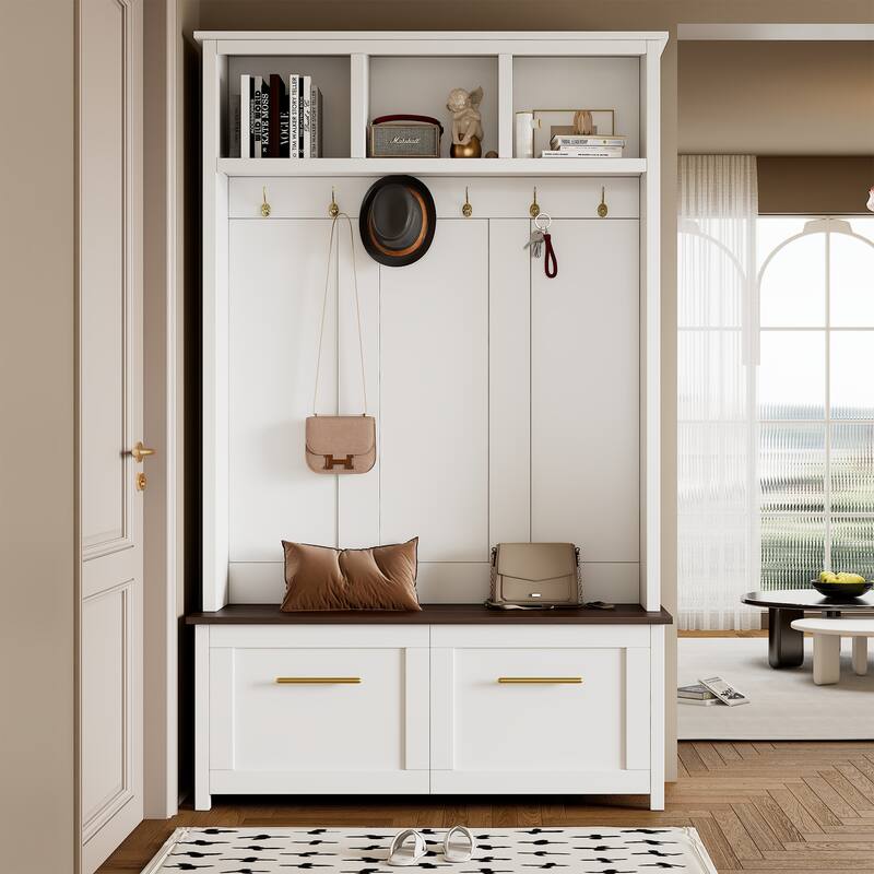Hall Tree with 2 Storage Drawers, Versatile Coat Rack with 6 Hooks, Entryway Bench with Top Open Storage Shelf - White
