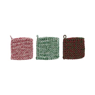 Melange Cotton Crocheted Pot Holder Set, Set of 3