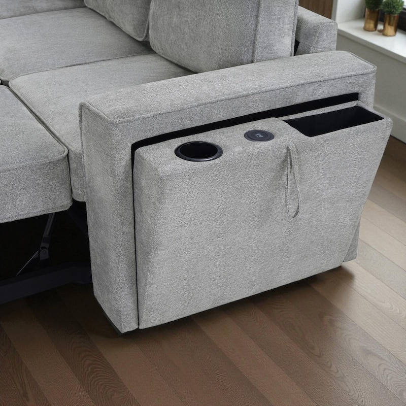 83.9" Convertible Sectional Sofa Bed with Dual Pull-Out Sleepers, Flip-Top Table, USB Ports, Cup Holder & Storage